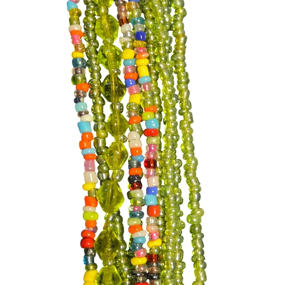 Multistrand Green Beaded Statement Necklace Large Mosaic Pendant Boho Artisan